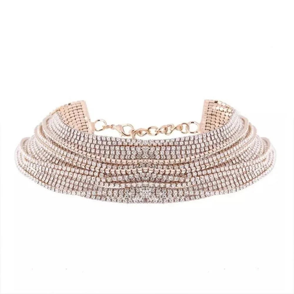 Multilayer Rhinestone Choker Necklace Bling Crystal Collar Choker Party Jewelry - Picture 4 of 5
